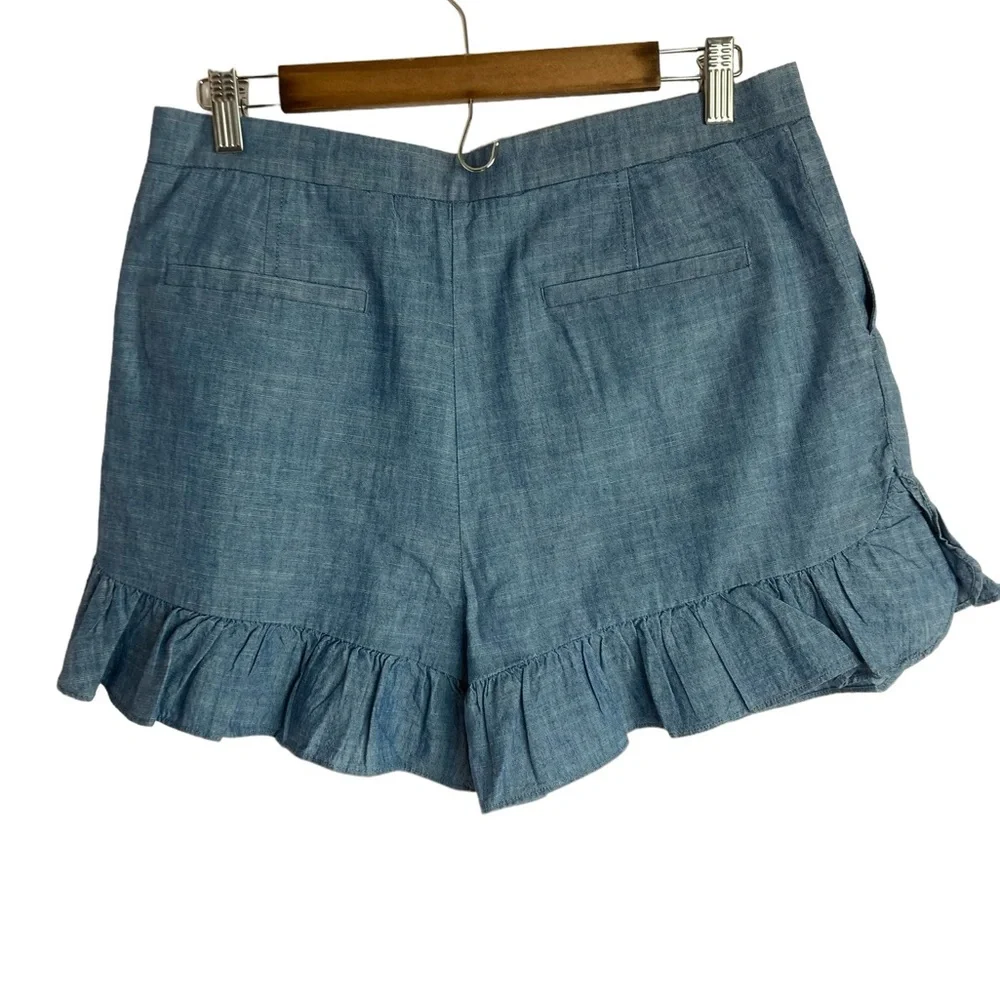 J. Crew Chambray High-Waist Ruffle-Hem Shorts in Light Blue
